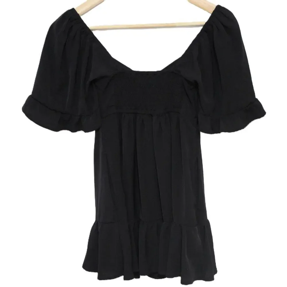 Womens Abercrombie & Fitch Black Mini Puffer Sleeve Ruffle Dress Size XS Petite